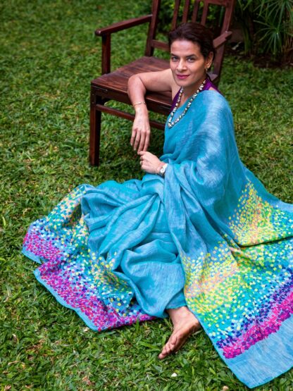 Calyz Blue Linen Saree with Collage Technique - Image 4